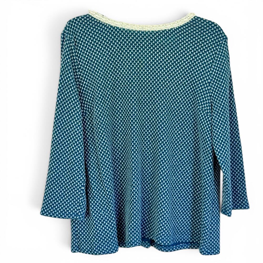 ELLE XL Teal Retro Textured Knit Swing Top Pearl Trim Keyhole Back 3/4 Sleeve